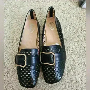 Italina Black Faux leather slip-on flats with brass buckle Size 9